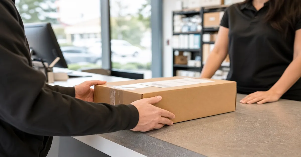 Customer dropping off a parcel at DTDC FineEx Couriers in Surrey