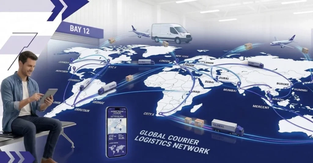 Courier services tracking features showing shipment tracking dashboards and delivery updates