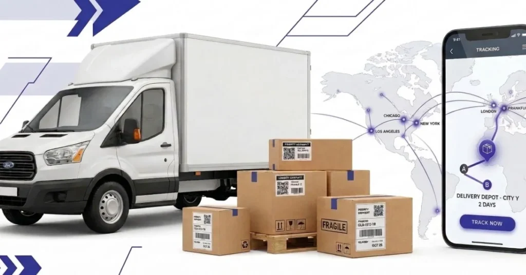 Courier services tracking system showing package delivery route and tracking interface