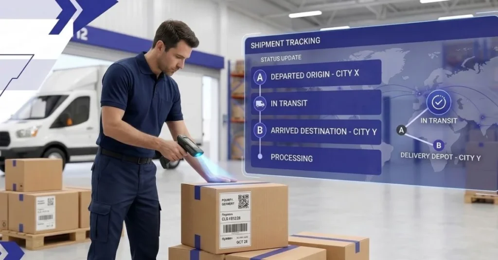 Courier services tracking system with parcel barcode scanning and shipment status updates