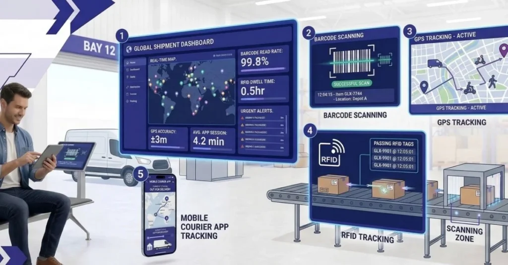 Different courier services tracking systems including GPS tracking and barcode scanning